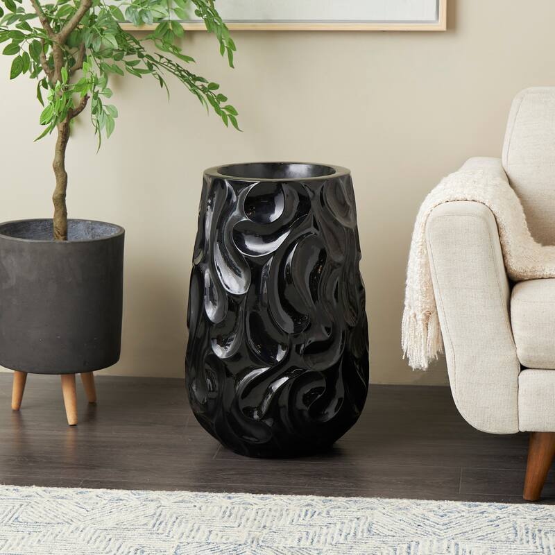 Black Resin Large Wavy Textured Floor Vase - Black - 16"W, 24"H