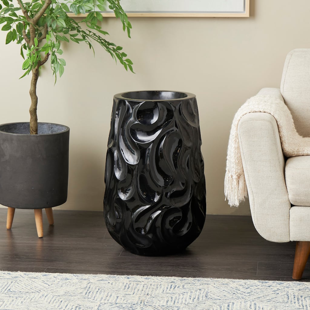 Black Resin Large Wavy Textured Floor Vase