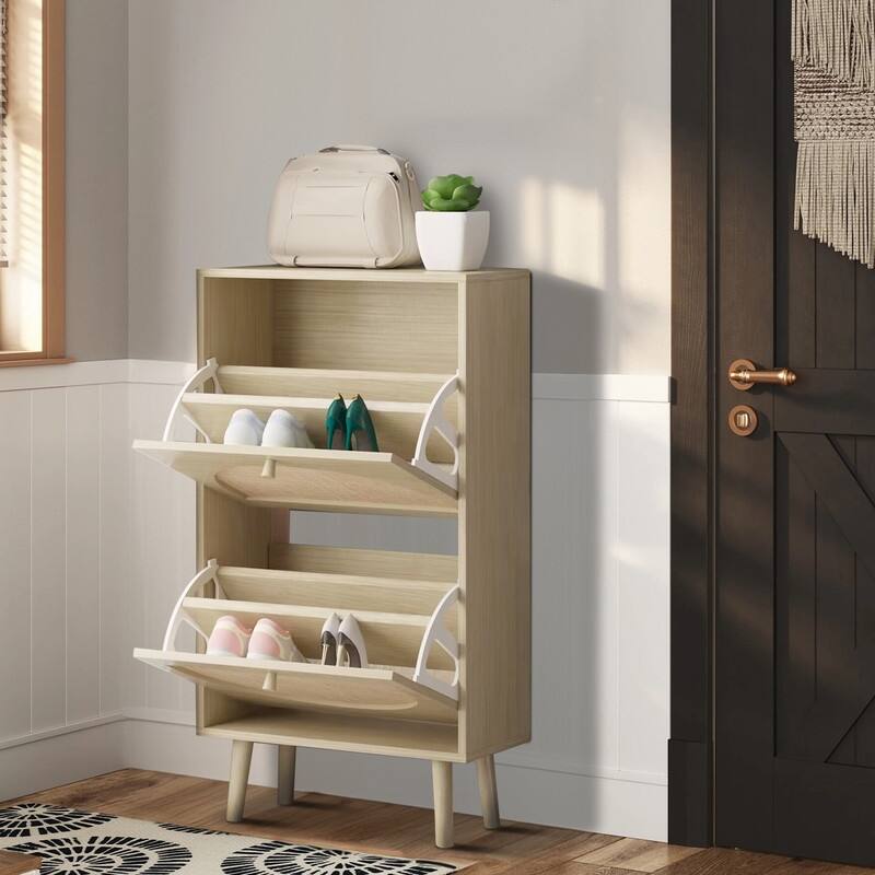 Rattan Shoe Cabinet with 2 / 4 Flip Drawers, Narrow Shoe Storage Cabinet,Organizer for Entryway, Bedroom, Living Room