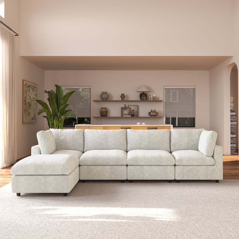 L-shaped Cloud Modular Sectional Sofa Couches with Ottoman for Living Room Down Filled Comfort Minimalist Sectional Couch - Beige-4 seats+ottoman