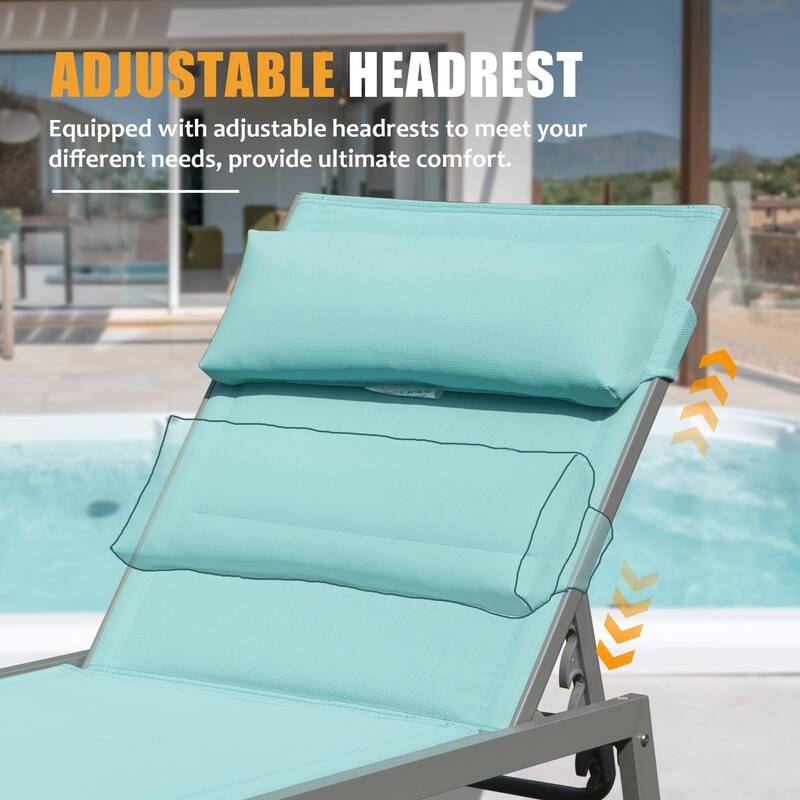 Outdoor Aluminum Patio Chaise Lounge Set of 3 with Side Table and Wheels, Padded Adjustable Recliner for Poolside, Beach