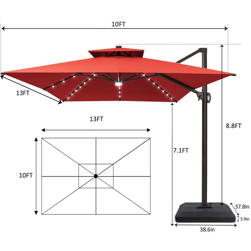 10 X 13 FT Outdoor Patio Cantilever Umbrella with Solar Lights 4-Piece Premium Base Double Canopy 360 Rotation Tilt