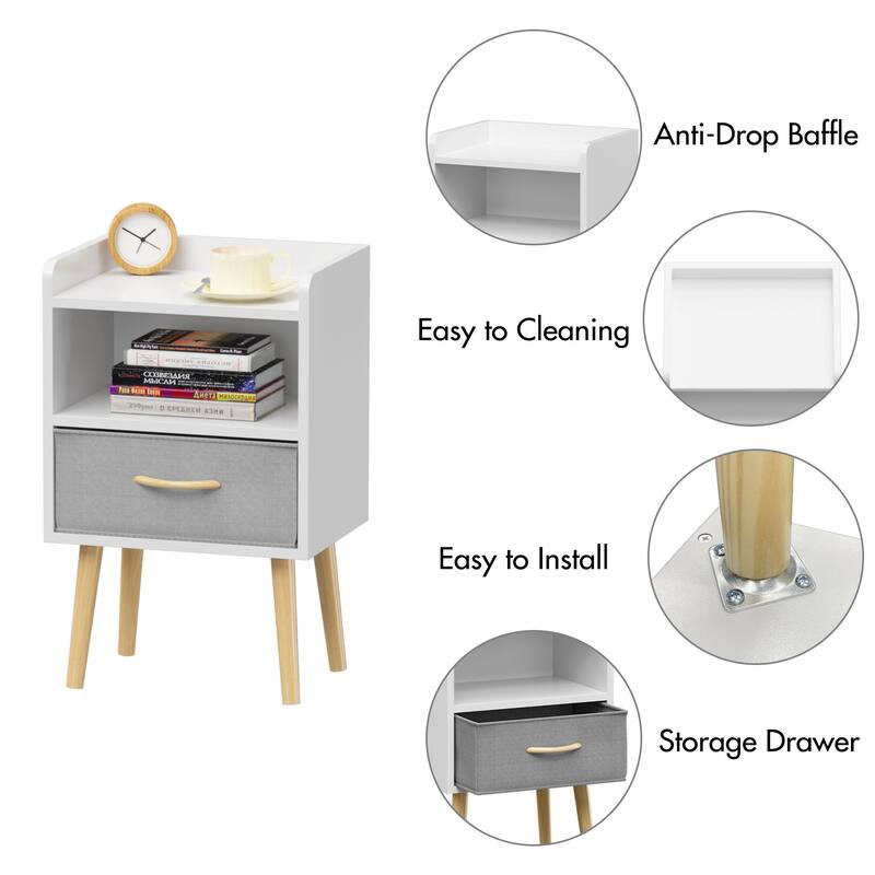 Nightstand With Collapsible Fabric Drawer, 2-Tier Storage End Table, Wood Side Table with Storage Cabinet for Kids, Adults