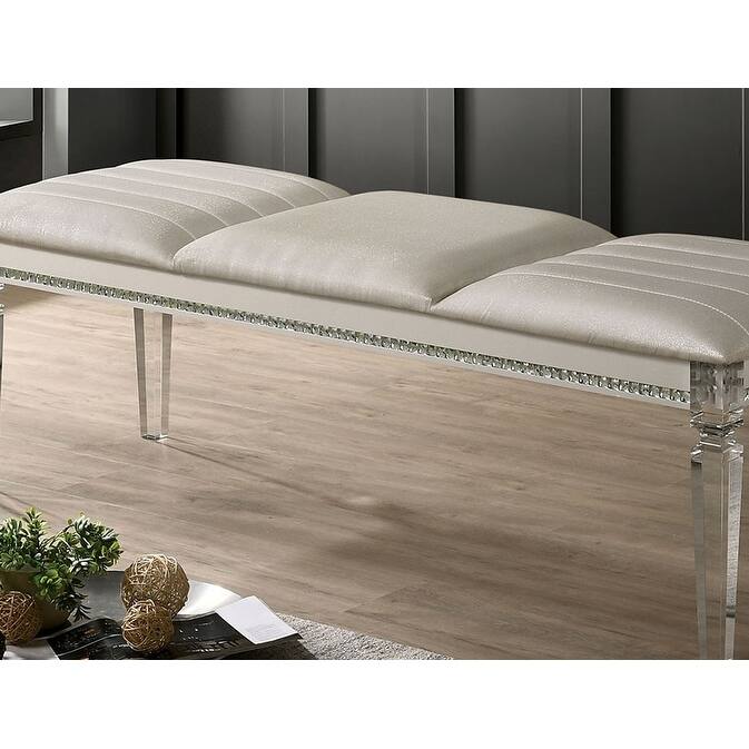 Antique Classic Pearl White 1pc Bench Only Contemporary Solid wood Acrylic Legs Crystal And Mirror Accent