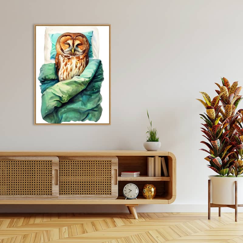 Animal Watercolor Art Bird Sleeping Owl by Justyna Jaszke Framed Canvas Wall Art