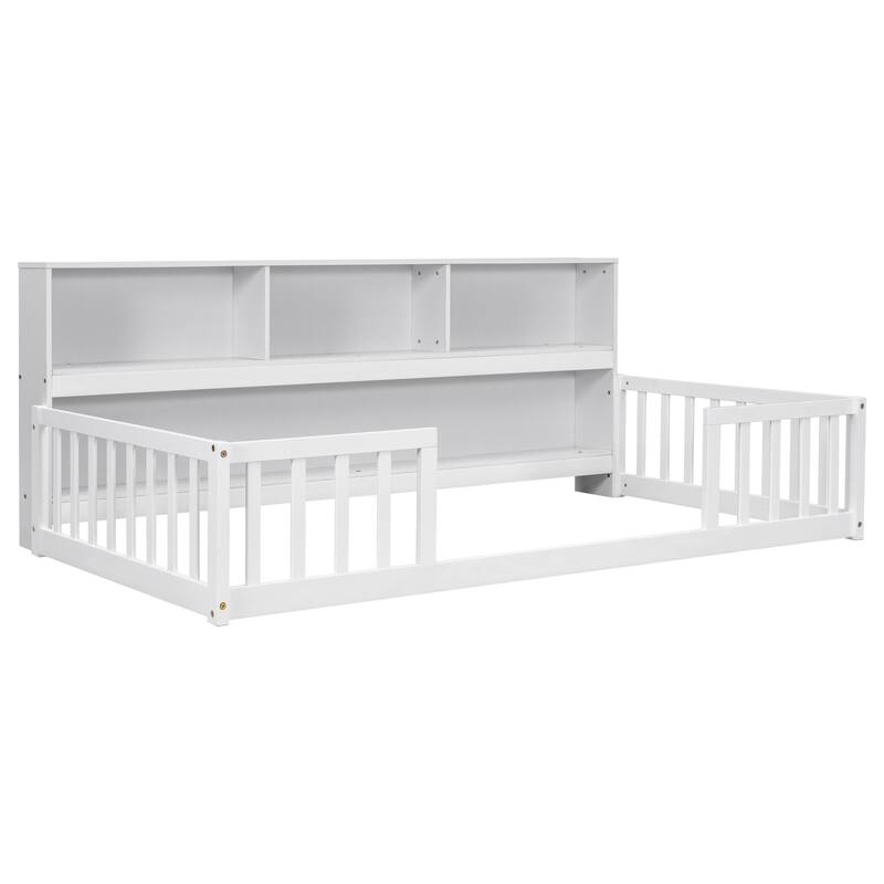 Floor Bed with Side Bookcase, Shelves, Guardrails