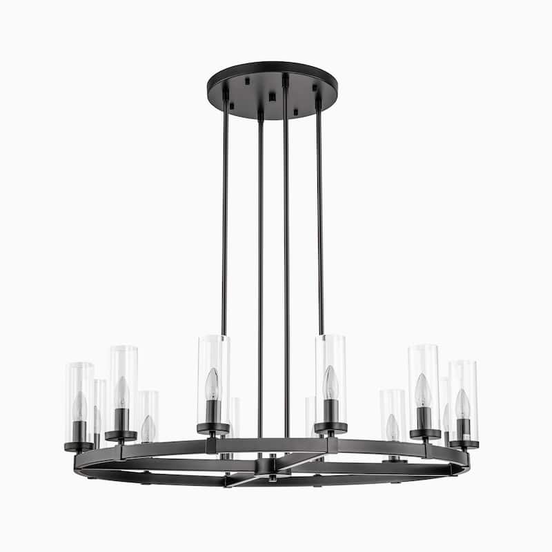 12-Light Mid-Century Modern Gold/Black Clear Glass Large Wagon Wheel Chandelier for Dining Room/ Living Room