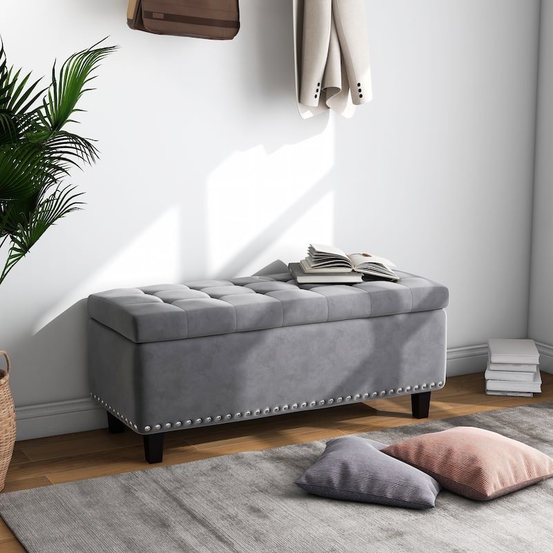41" Storage Ottoman Tufted Upholstered Rectangle End of Bed Bench - Grey