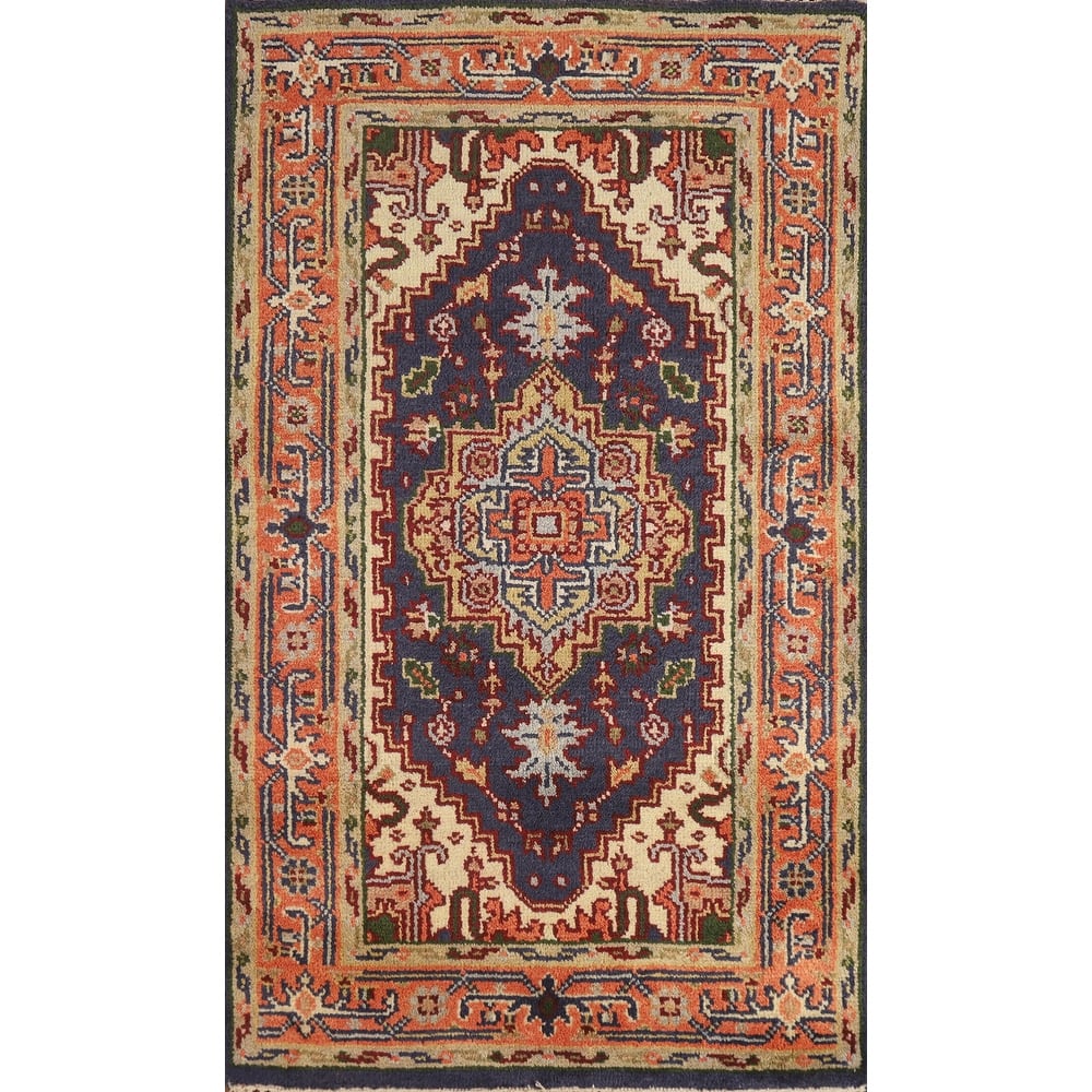 Hand Knotted Oriental 100% Wool Carpet Traditional Medallion Navy Blue & Blues Heriz (serapi) Area Rug - 5' 1'' X 3' 0''
