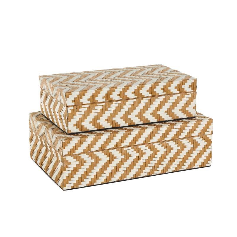 Brown Paper Handmade Woven Zig Zag Storage Geometric Decorative Box with Cream Accents (Set of 2)
