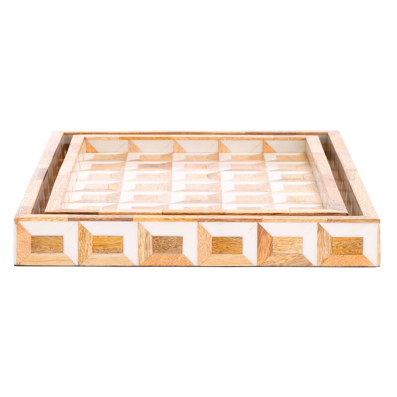 SAFAVIEH Home Aria Antique Ivory/Natural Brown Resin/Mango Wood Tray Set of 2