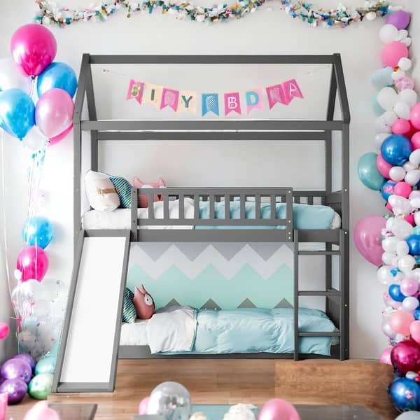slide 2 of 10, Multifunction Twin Over Twin Bunk Bed House Bed With Slide Grey
