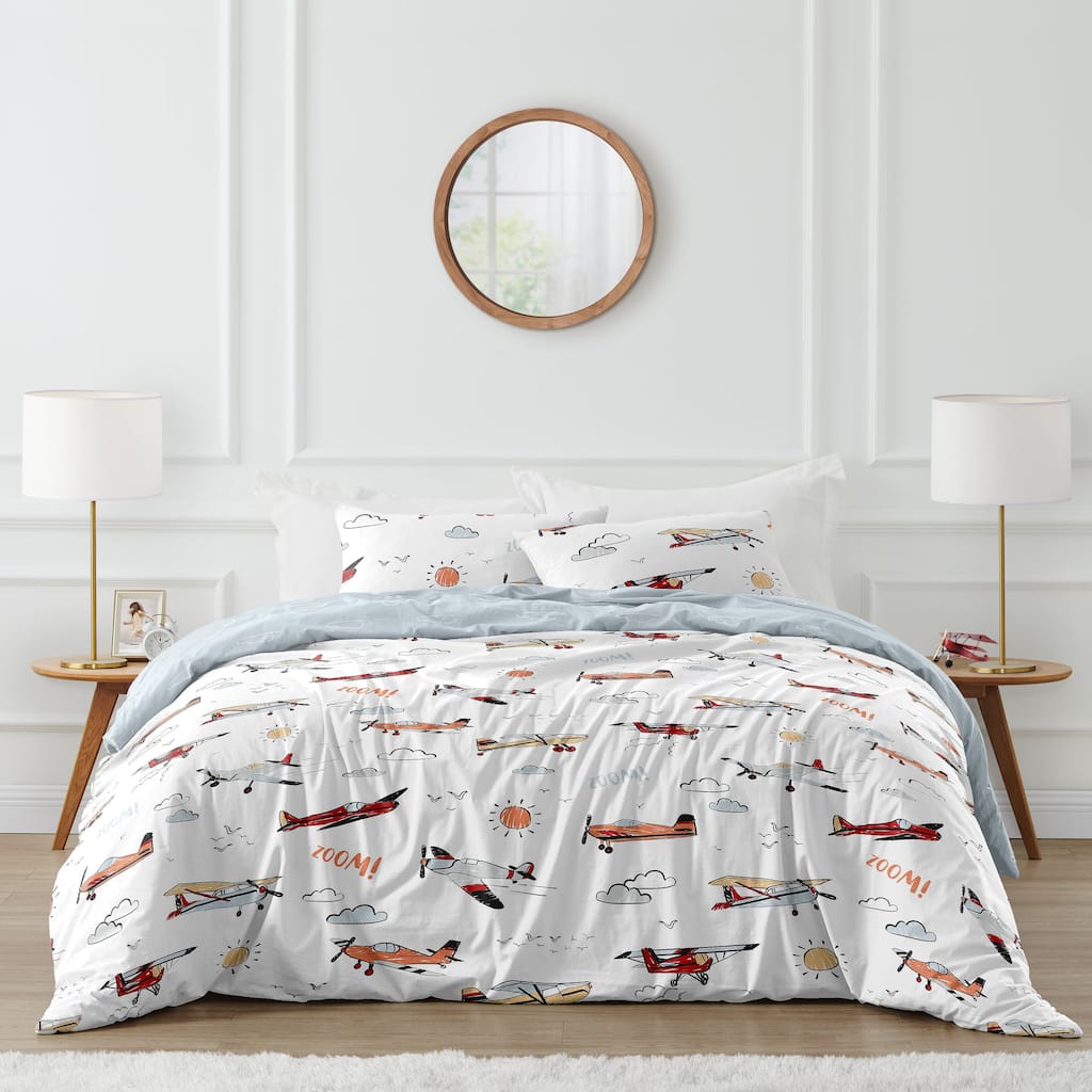 Vintage Airplane Boy 3pc Full Queen Comforter Set - Grey Yellow Orange Red White Blue Airplanes Air Plane Transportation Clouds