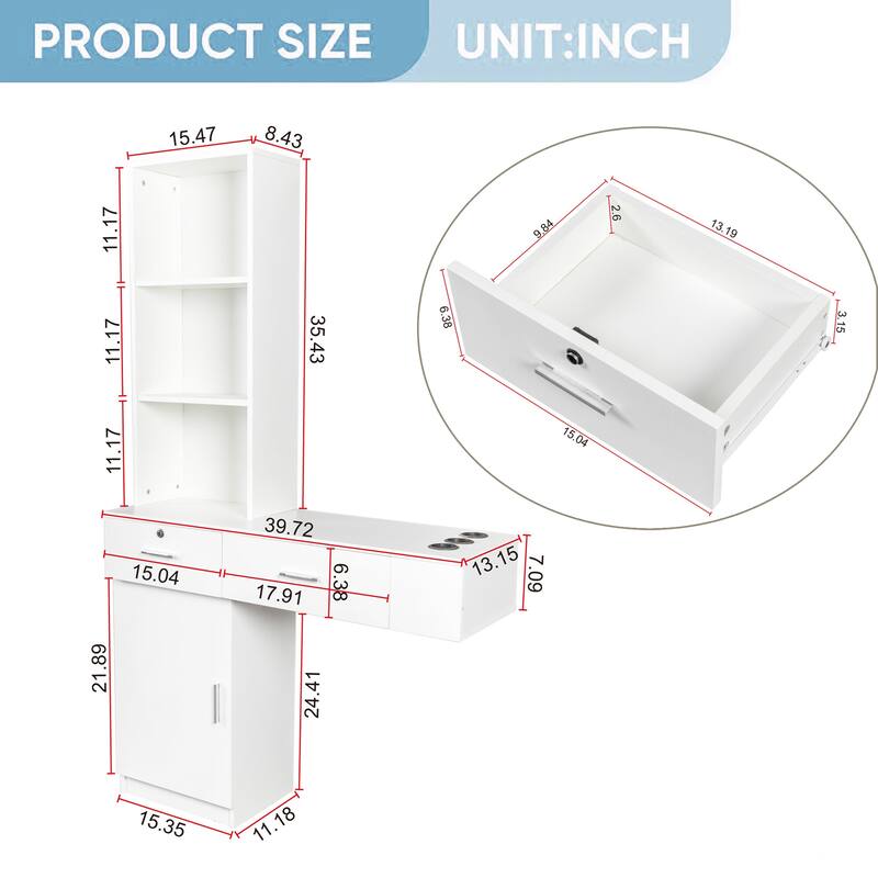 Wall Mount Makeup Vanity Dressing Table,Drawers & Hair Dryer Holder - W39.76*D13.19*H66.93
