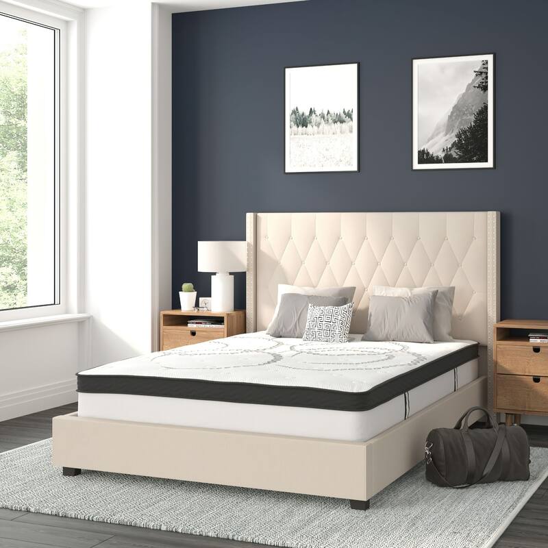 Tufted Platform Bed with 10 Inch Pocket Spring Mattress - Beige - Full
