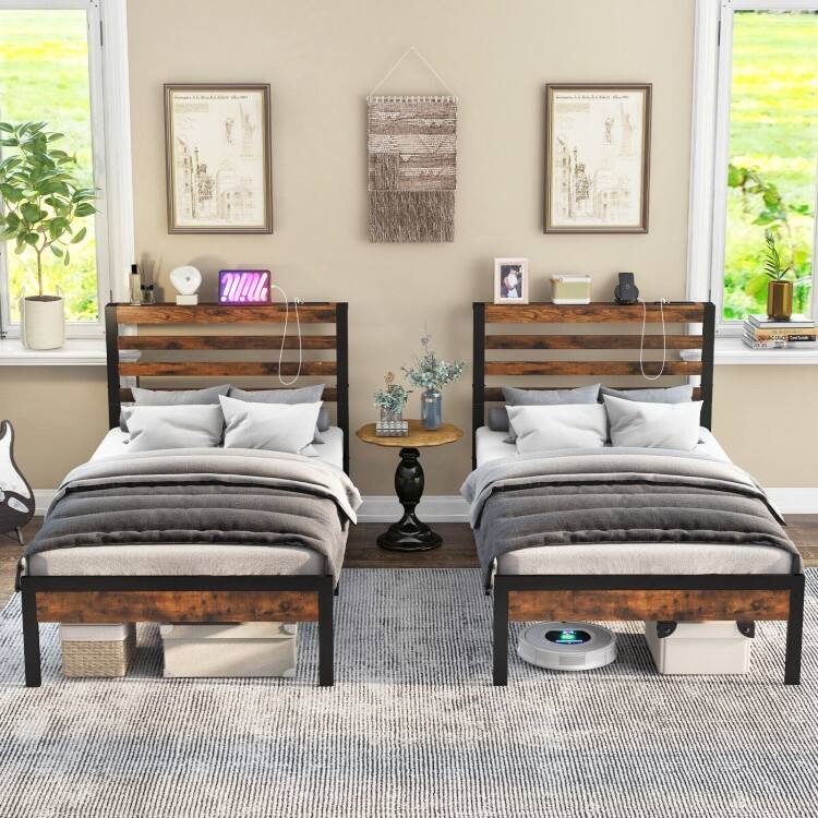 Bed Frame with Charging Station and Storage Headboard