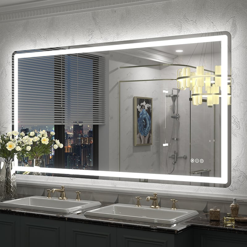 UL Certified Frameless LED Front Light and Backlit 3 Colors Dimmable Anti-Fog Wall Bathroom Vanity Mirror - 72" x 36"-Rounded Corner