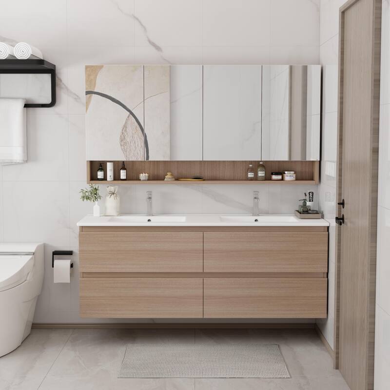 CB HOME 24''/30''/36''/48''/60'' Wall Mounted Bathroom Vanity with Sink, OAK Floating Bathroom Vanity Cabinet with Sink,Drawers. - 60''X18'' - OAK