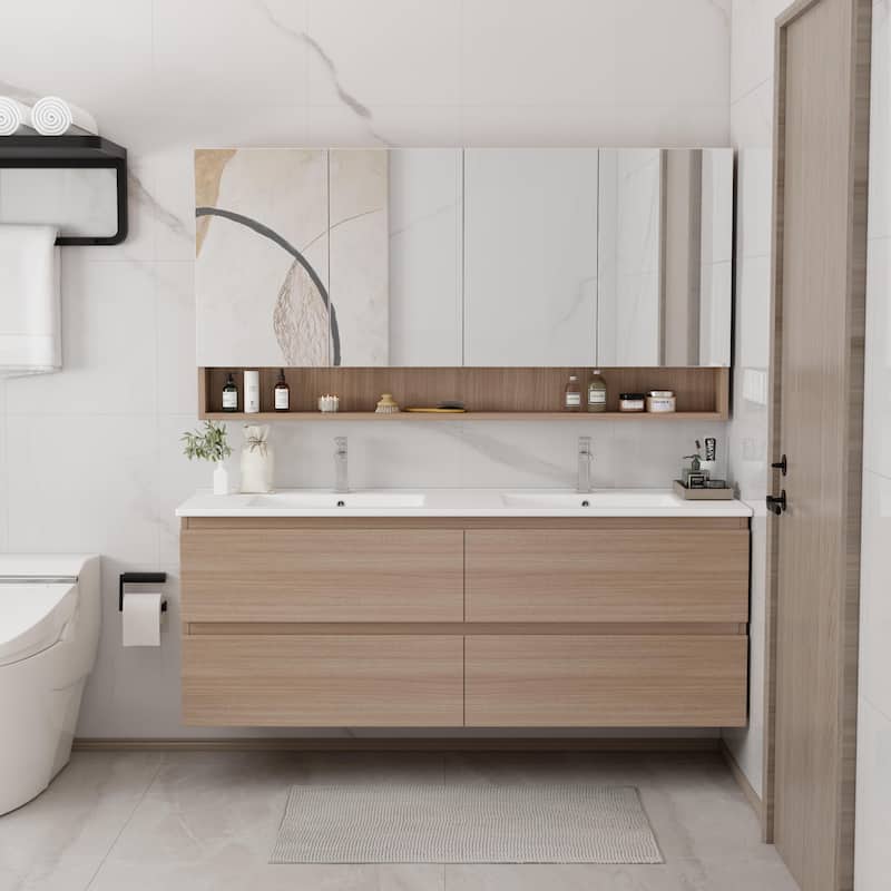 CB HOME 24''/30''/36''/48''/60'' Wall Mounted Bathroom Vanity with Sink, OAK Floating Bathroom Vanity Cabinet with Sink,Drawers.