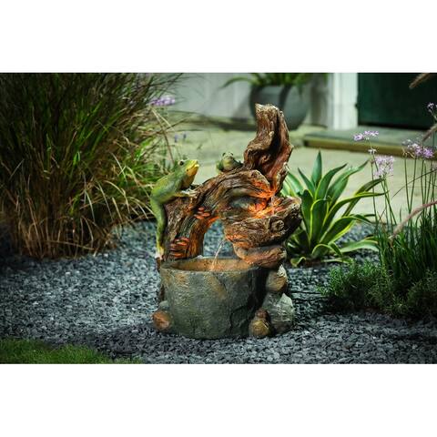 Green Resin Frogs and Brown Tree Outdoor Fountain with LED light