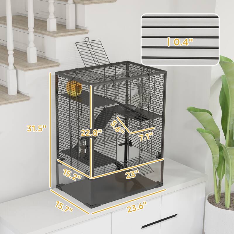 PawHut Large Hamster Cage with Deep Tempered Glass Bottom, 4 Tiers Hamster Tank with Running Wheel, Hut, Water Bottle, Black