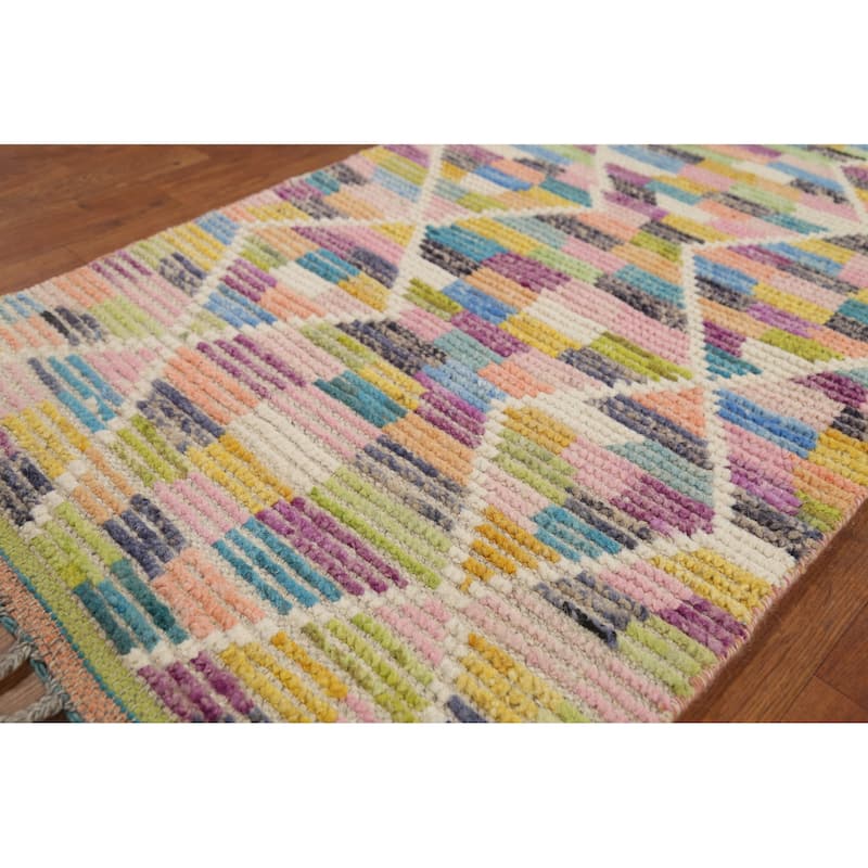 Modern Trellis Moroccan Oriental Runner Rug Hand-Knotted Wool Carpet - 2'5"x 12'8"