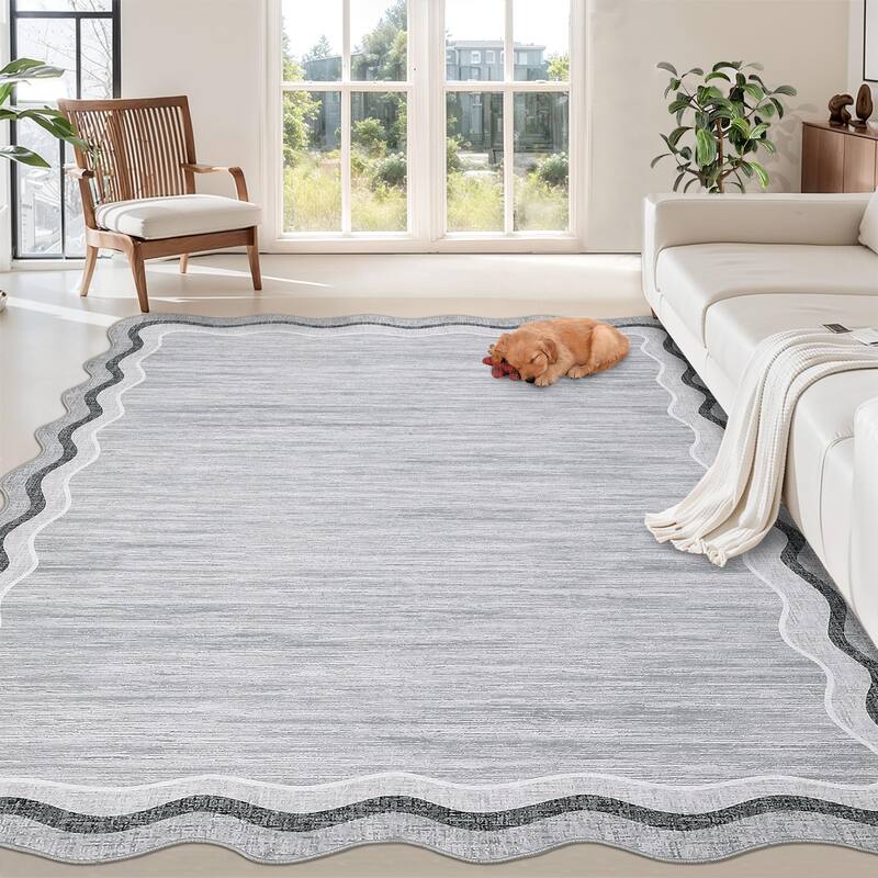 Washable Rugs for Living Room Scalloped Rug Modern Non Slip Non Shedding Carpet for Bedroom - 10'x13' - Gray