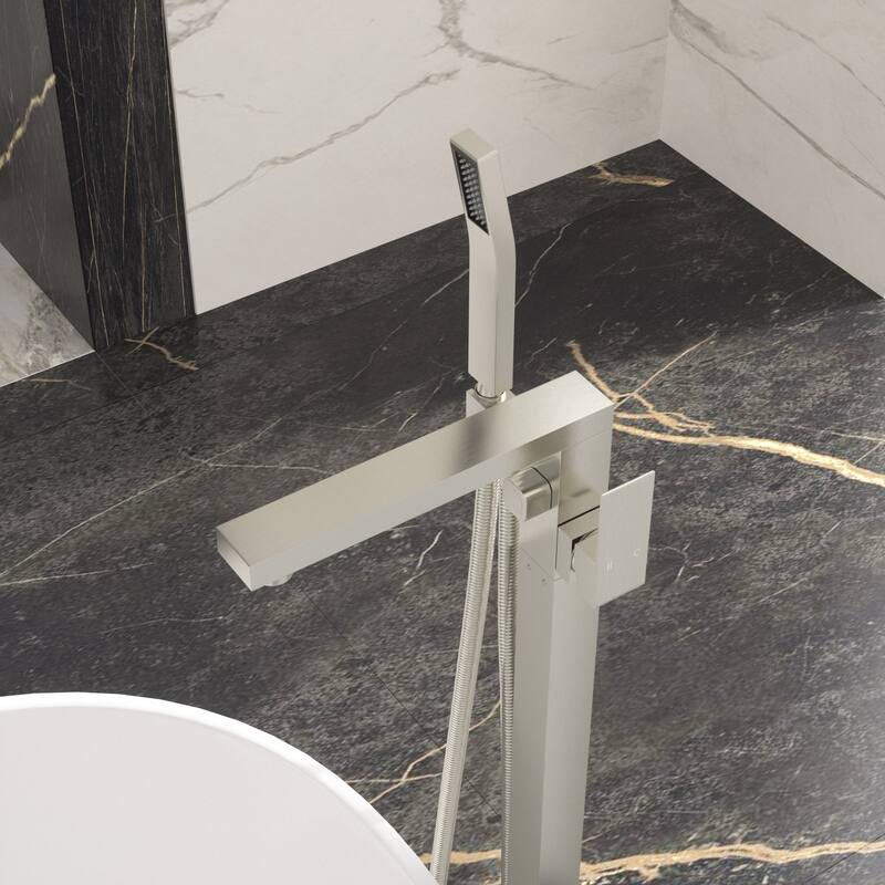 Brushed Nickel Free Standing Tub Faucet Floor Mounted Tub Filler Faucet Brass Bathroom Tub Faucets with Hand Shower