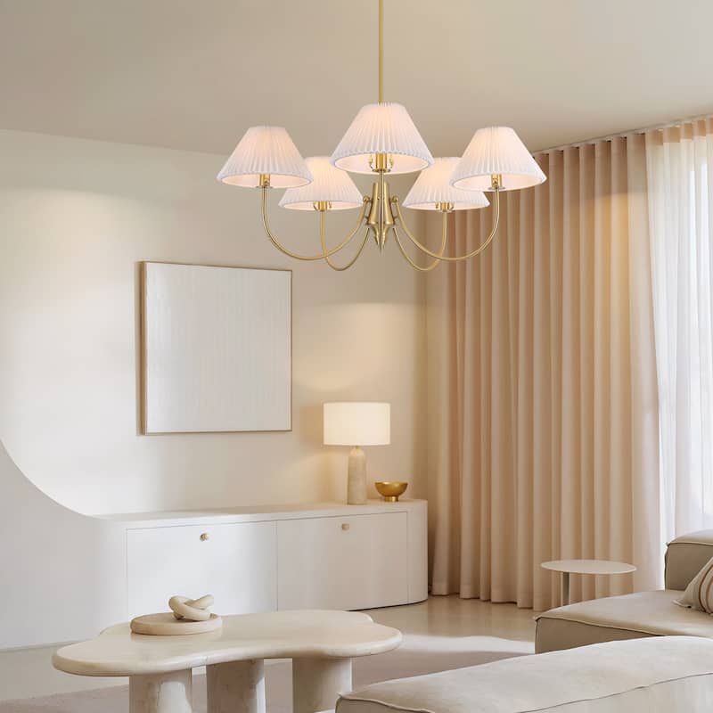 8/5-Light Mid-Century Modern Gold/Black Chandelier with Pleated Fabric Lampshades Hanging Light for Living Room, Dining Room