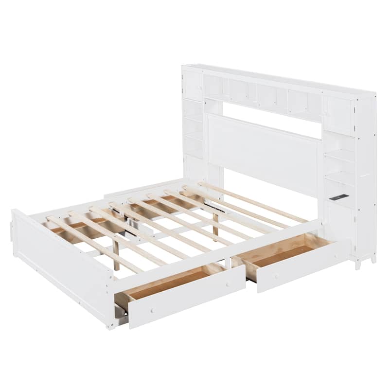 Queen Size Wooden Bed with Built-in Outlets, Storage Drawers, and Shelves, White