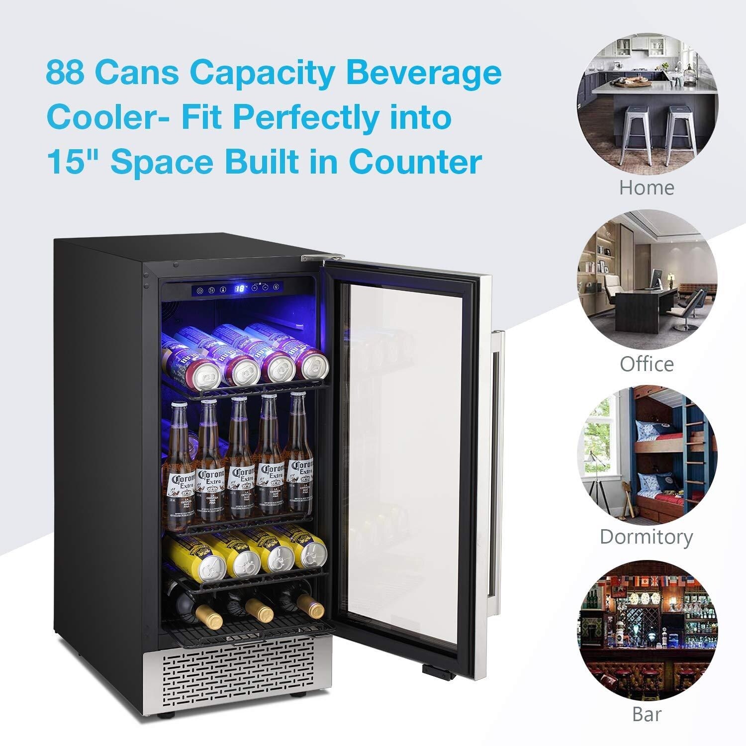 NewAir 15 inch Wine and Beverage Refrigerator - 13 Bottles & 48 Cans Capacity with Dual Temperature Zones, Black Stainless Steel