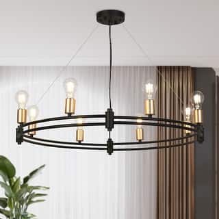 Marsie Modern Farmhouse Black Gold Wheel Bare Bulb Drum Chandelier for Dining Room - 32.5"D x 5"H