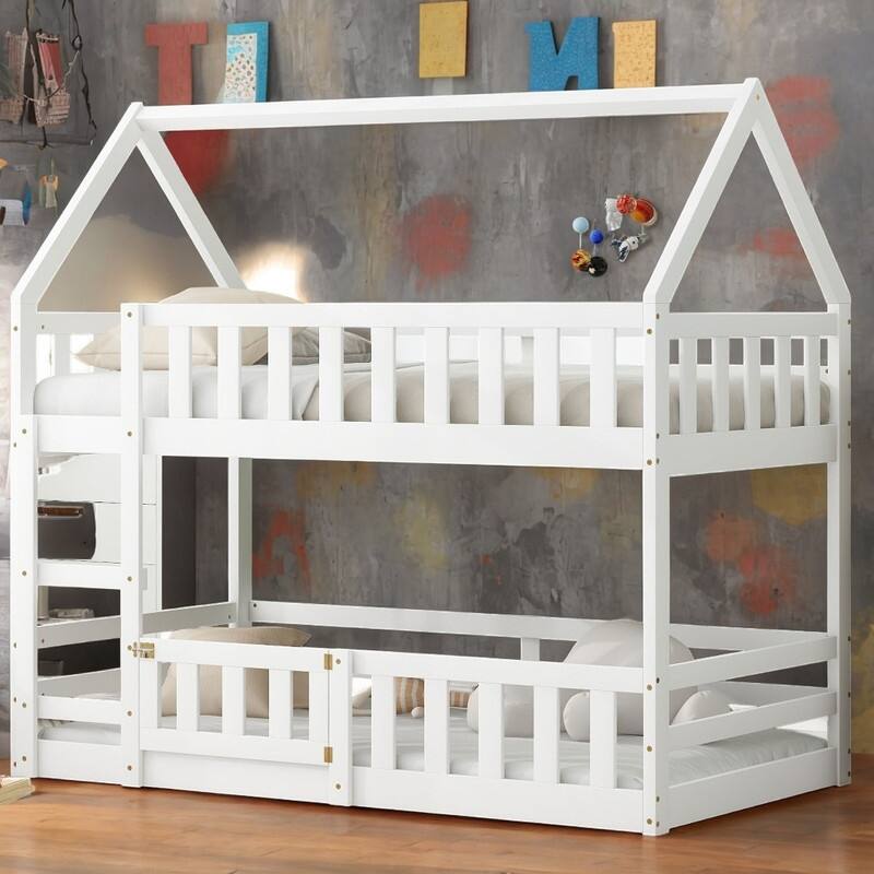 Twin over Twin House Shape Bunk Bed with Sky Roof, Pine Wood Kids Loft Bed Frame with Fence and Door for Kids Room, White