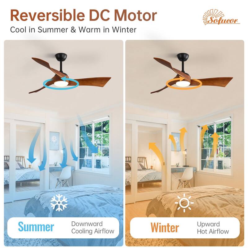 52"Solid Wood Ceiling Fan with Light Optional, 6-Speed Reversible DC Motor and Remote control,Smart Optional