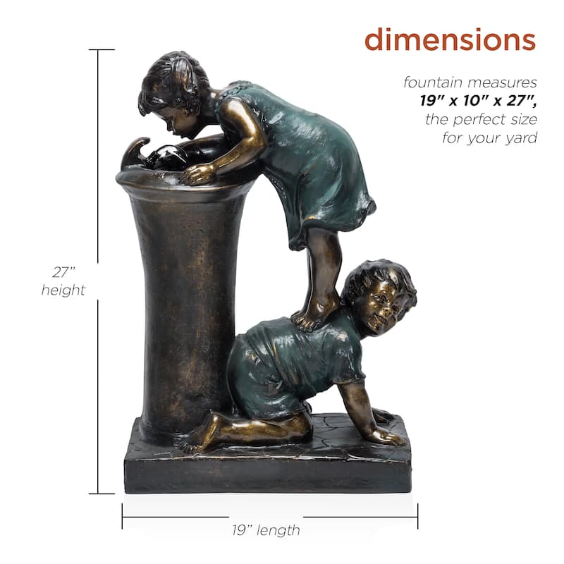 Alpine Corporation Outdoor Floor Joyful Boy and Girl Drinking Water Fountain, Playful Garden Waterfall with LED Lights