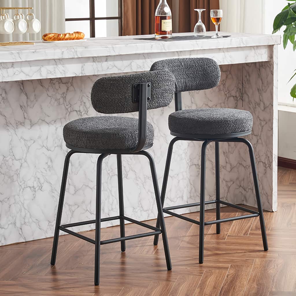 Modern Swivel Bar Stools Set Of 2, Boucle Upholsteredbar Chairs With Metal Legs Footrest, 360° Swivel Barstools