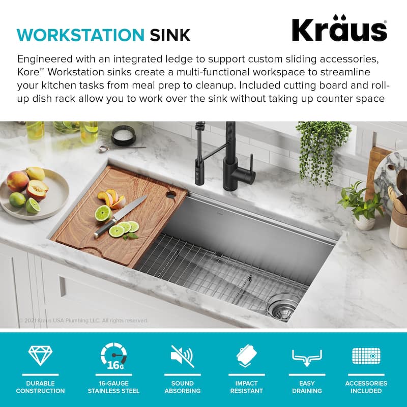 Kraus KWU110-36 Kore 36" Undermount Workstation Single Bowl Kitchen