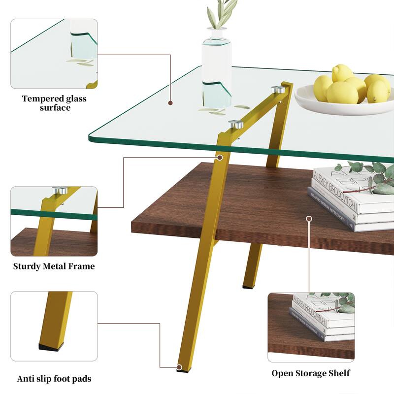 Rectangle Tempered Glass Tabletop with Gold Metal Legs - N/A