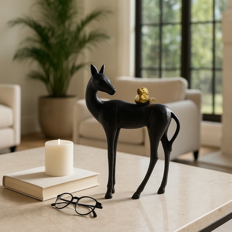 Metal Figurine Decor Modern Deer with Bird Accent Finish - Black - 11.0"