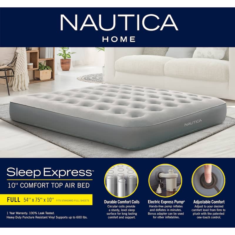 Nautica Home Sleep Express 10 in. Inflatable Air Mattress with External Pump - Bed with Puncture Resistant Vinyl Construction