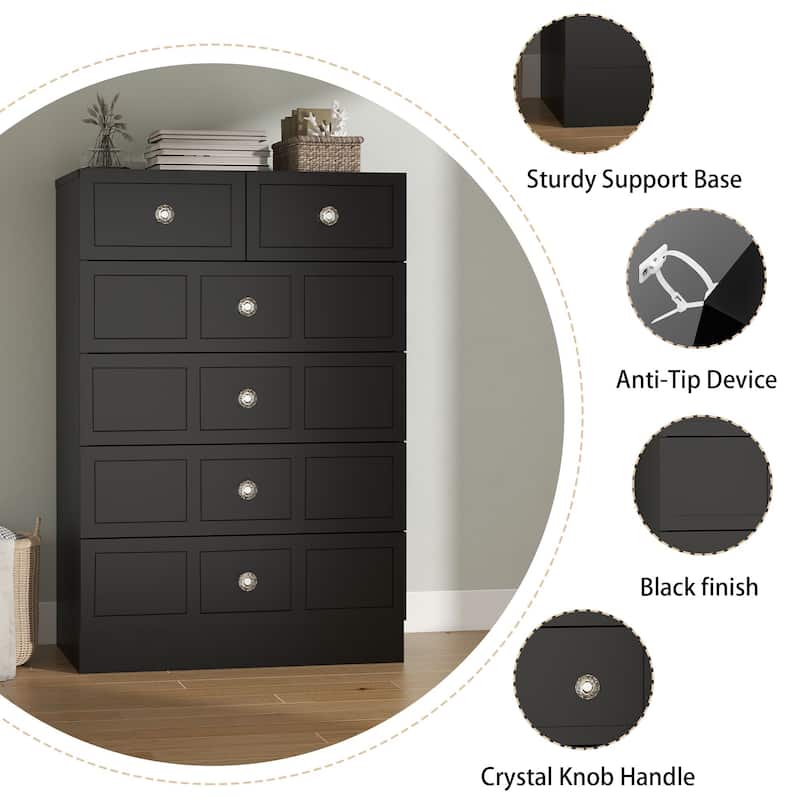 6 Drawer Wood Dresser with Fluted Panel Storage Organizer for Bedroom