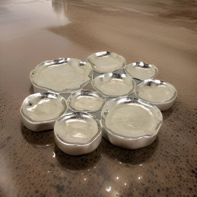 Jiva 9 Piece Decorative Bowl Set, Irregular Shaped Design, Silver Metal