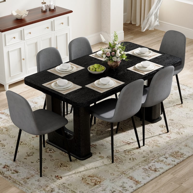 7-Piece Modern Dining Table Set, 64.5x35.4 Inch Textured Wood Table & 6 High-Resilience Fabric Chairs with Metal Legs