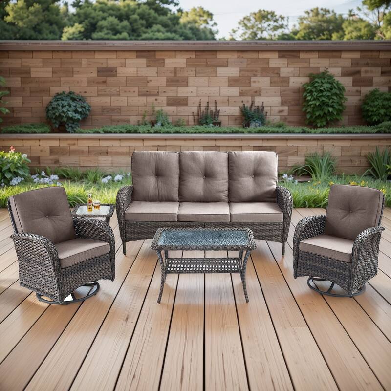 Gymojoy 5-Piece Outdoor Wicker Patio Furniture with 3 Seat Sofa & Swivel Chair, Coversation Set with Water Resistant Cushions - Brown Wicker / Grey Cusion - 5-Piece