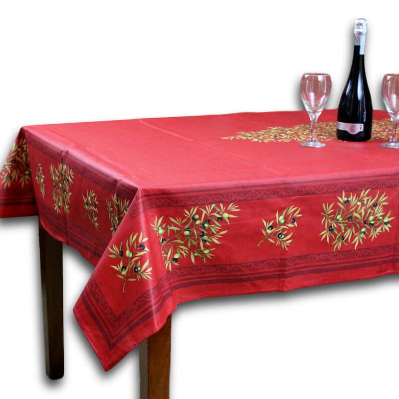 Wipeable Spill Resistant Provencal Cotton Cannes Collection Tablecloth - 60 x 98 in - Crimson Red Olives