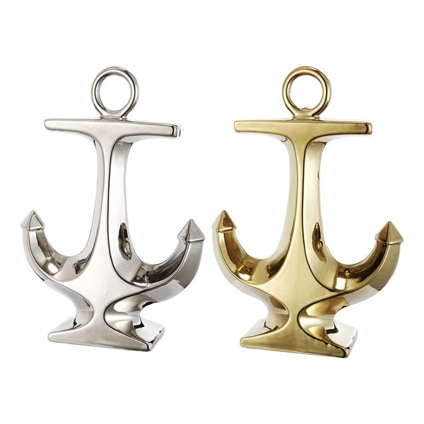Set of 2 Silver and Gold Classical Style Glossy Finished Anchor Decors 10" - N/A