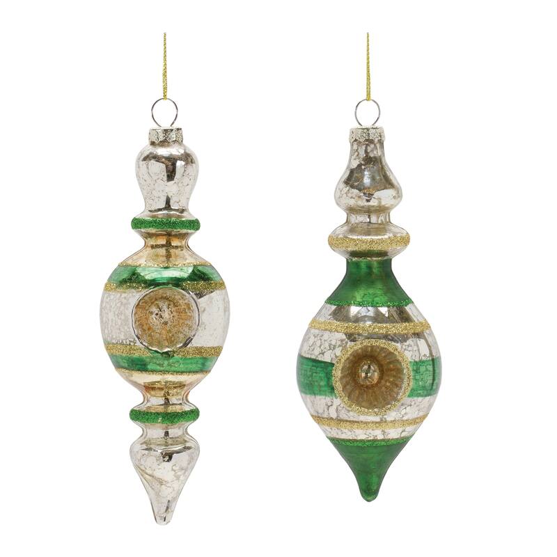 Glittered Reflector Finial Christmas Drop Ornaments - 6.75" - Green and Gold - 12ct