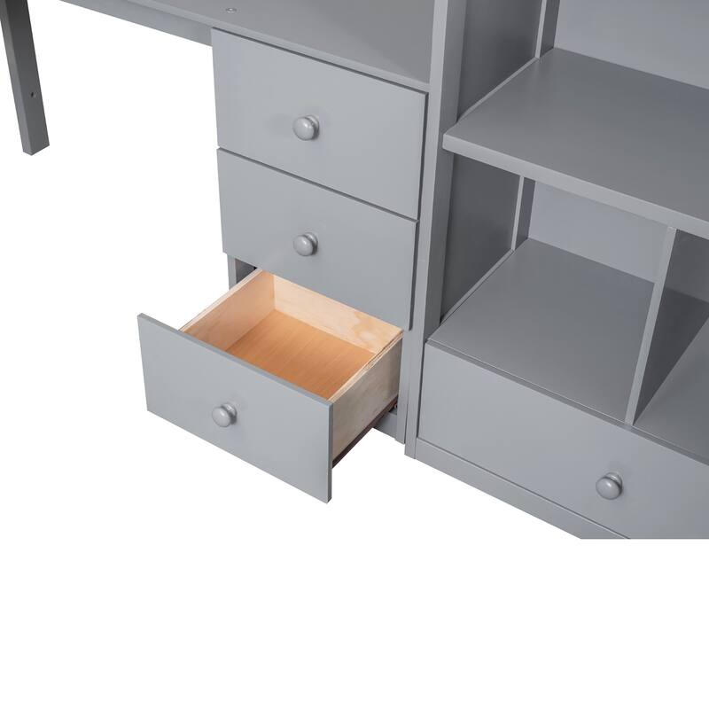 Twin/Full Loft Bed with L-Shaped Desk and Storage Staircase, Multi-Functional Solid Wood Loft Bed Frame with Drawers & Bookcase