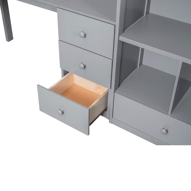 Twin Size Loft Bed w/L-Shaped Desk,Drawers,Cabinet,Storage Staircase