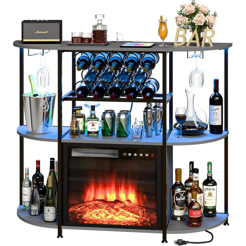 BOSSIN Wine Rack with Power Outlet and LED Lights, Home Bar Table Cabinet for Liquor with Fireplace,4-Tier Storage Glass Holder - Grey - With the fireplace